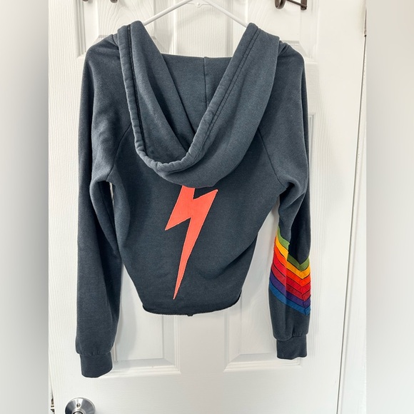 Aviator Nation Bolt Stitch Chevron6 Split Neck- Raglan Pullover Crop Hoodie Blue - Picture 3 of 8